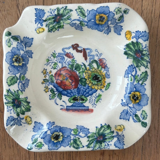 Vintage Mason's 'Strathmore' Ironstone small floral ashtray / pin dish. Blue pink yellow floral.