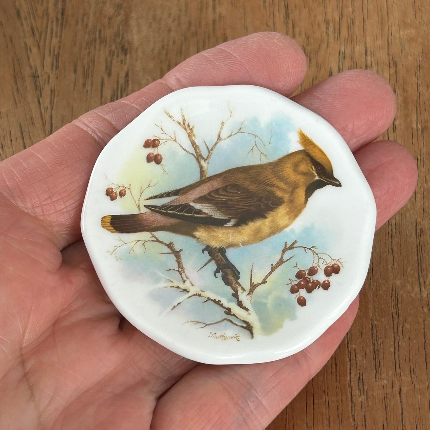 Mini Pin Dish / Trinket Plate - Waxwing - British Bird - Winter Scene - Bone China - Made In Britain