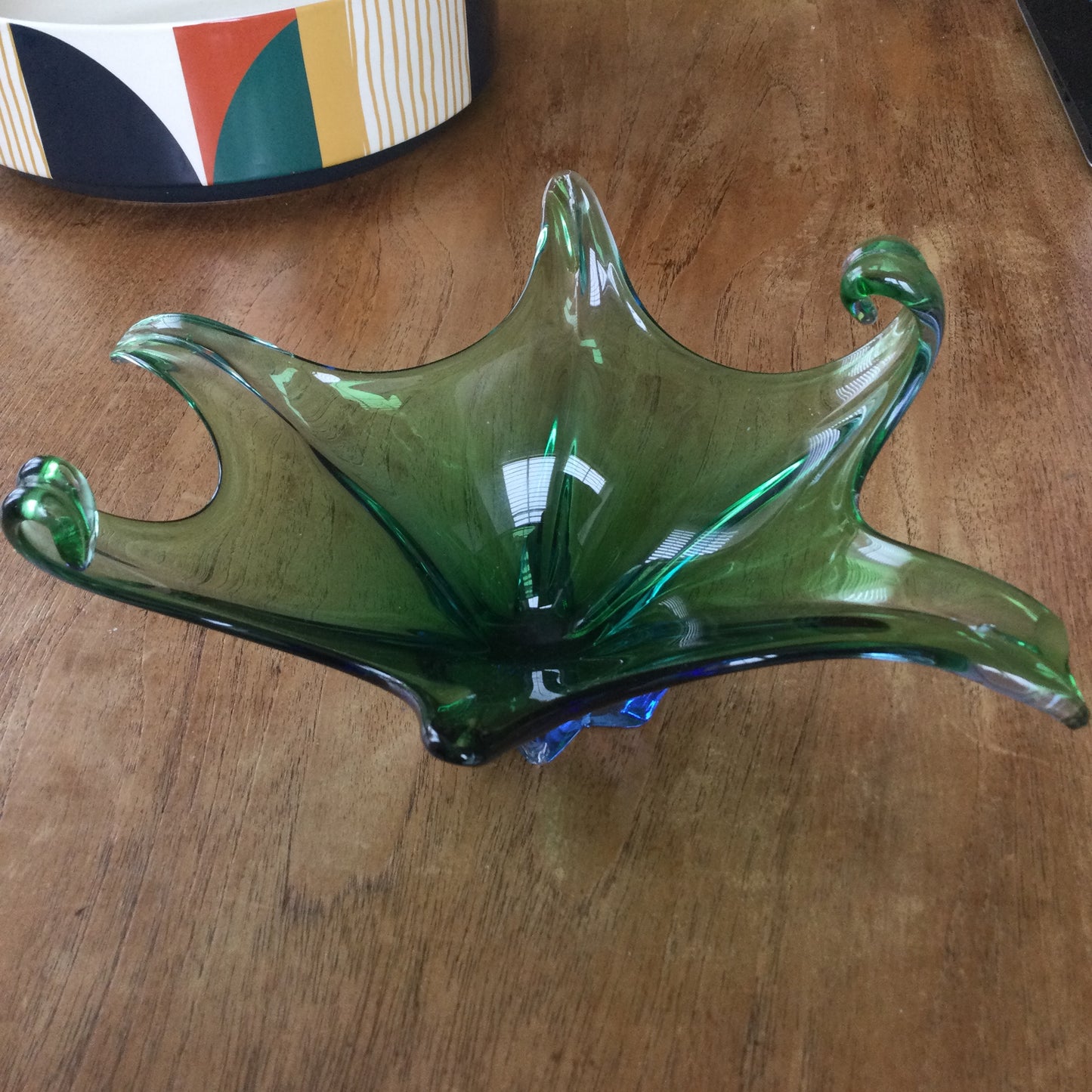 Vintage Murano Italian Glass Sommerso Freeform Bowl - green with blue base. DAMAGED