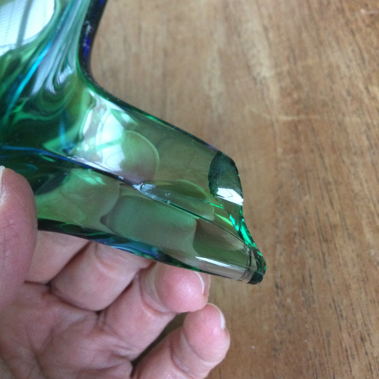 Vintage Murano Italian Glass Sommerso Freeform Bowl - green with blue base. DAMAGED