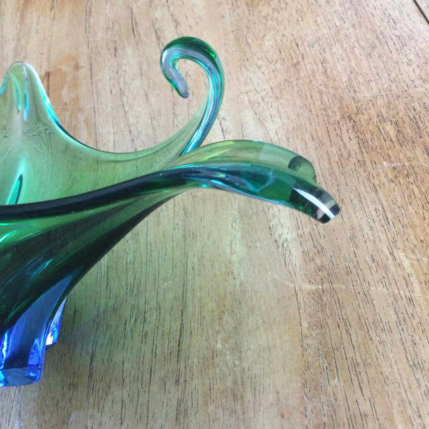 Vintage Murano Italian Glass Sommerso Freeform Bowl - green with blue base. DAMAGED