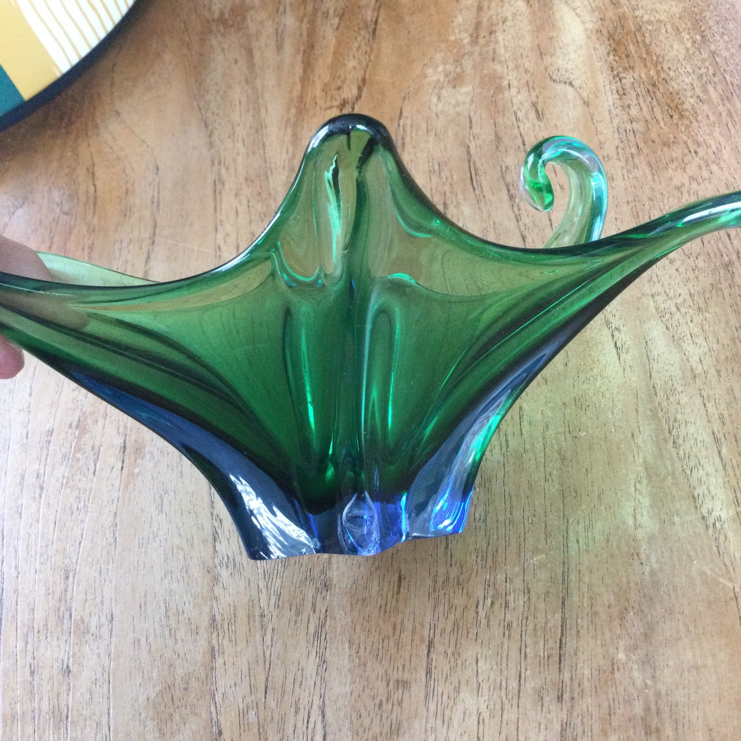 Vintage Murano Italian Glass Sommerso Freeform Bowl - green with blue base. DAMAGED