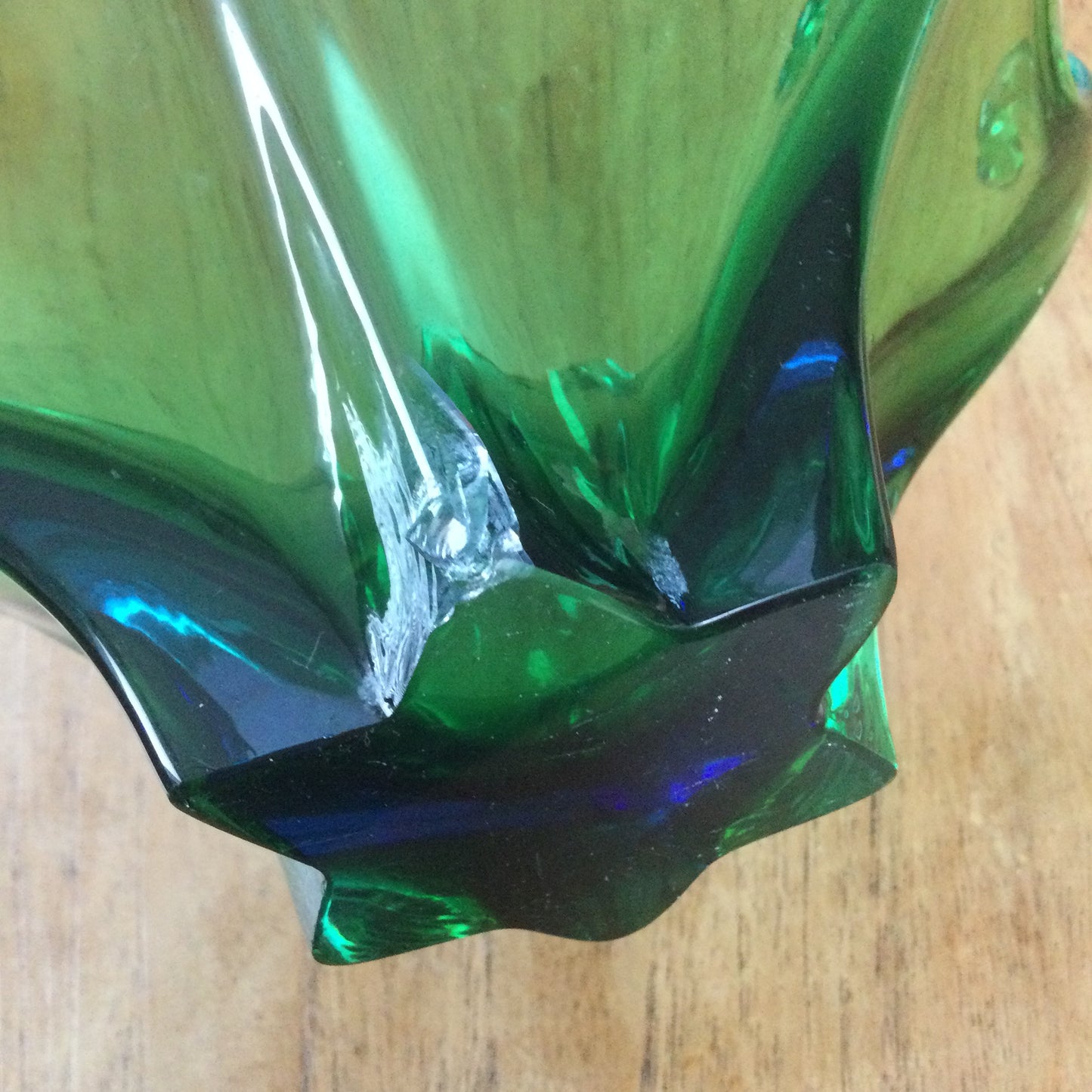 Vintage Murano Italian Glass Sommerso Freeform Bowl - green with blue base. DAMAGED