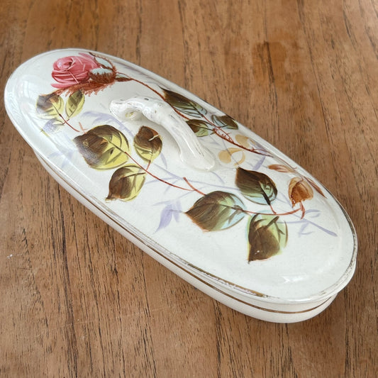 Antique 1920s Lidded Toothbrush / Toiletry Box – Rose Pattern – Made in England - Cottagecore