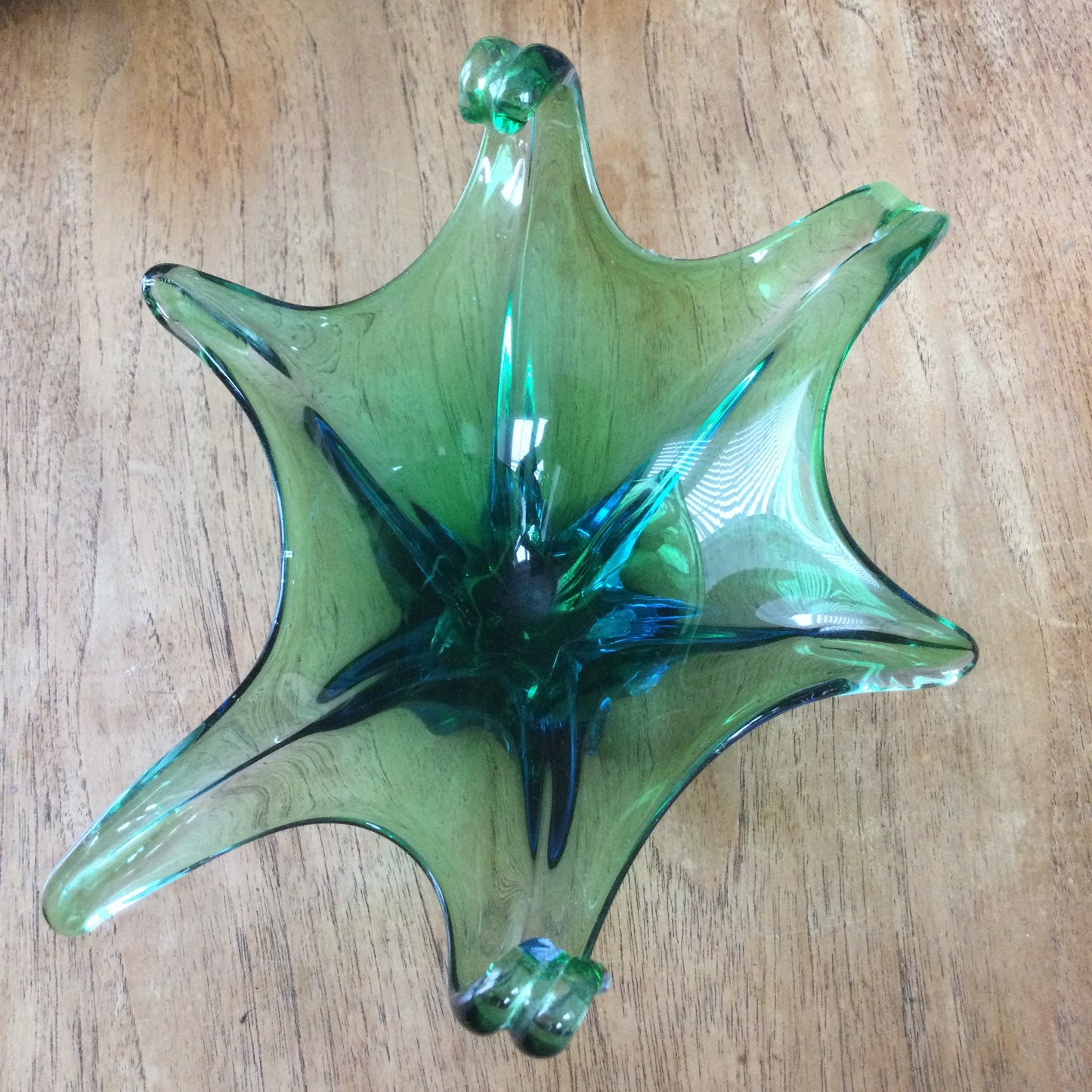 Vintage Murano Italian Glass Sommerso Freeform Bowl - green with blue base. DAMAGED