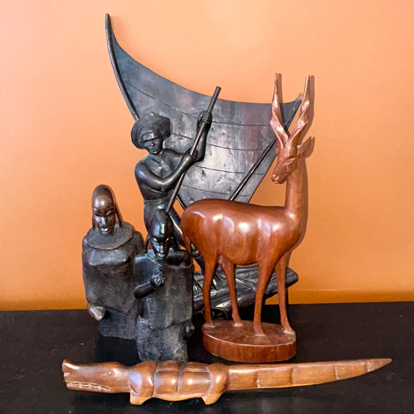 Mid Century Wooden Carved African Antelope / Gazelle. Retro ornament. 50s 60s 70s. 34.5 cm high.