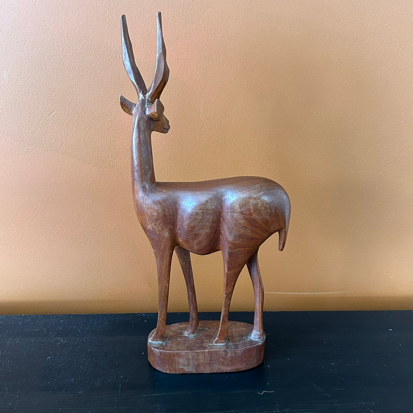 Mid Century Wooden Carved African Antelope / Gazelle. Retro ornament. 50s 60s 70s. 34.5 cm high.