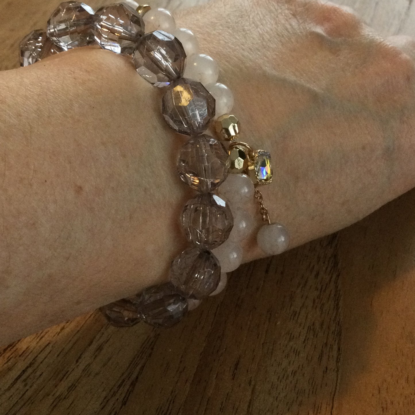 Set of 2 Expanding Beaded Bracelets – Rose Quartz with Diamante Charm & Faceted Plastic Bead – Elegant Party Wear – Preloved, Comes in Linen Drawstring Bag