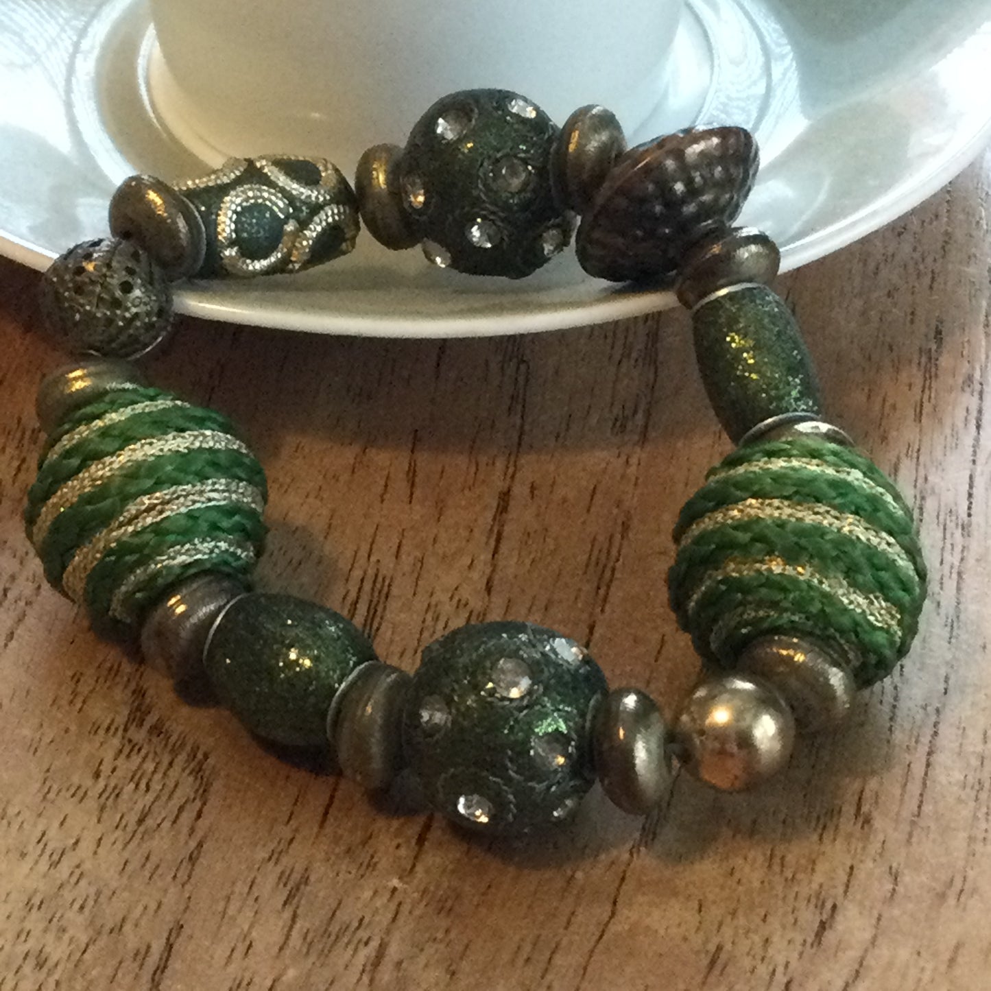 Boho Hippy Chunky Beaded Bracelet – Green & Gold Coloured – Festival, Bohemian Style – Preloved, Comes in Linen Drawstring Bag