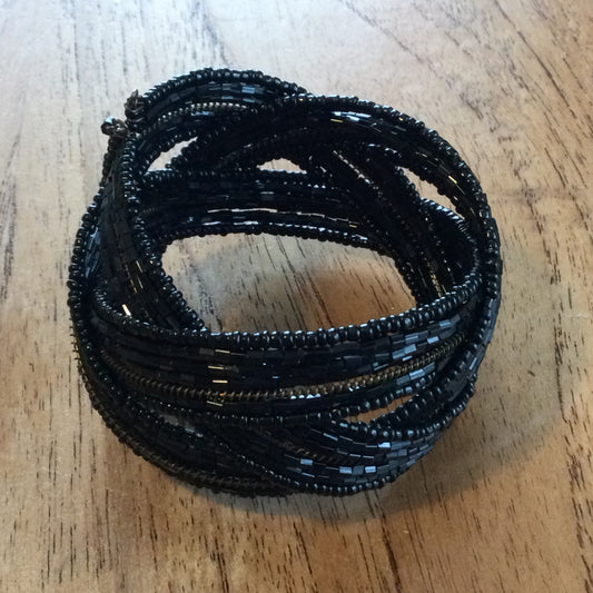 Boho / Goth / Victoriana Black Glass Bead Plaited Flex Cuff Bracelet / Bangle – Preloved, Party / Evening Wear, Comes in Linen Drawstring Bag