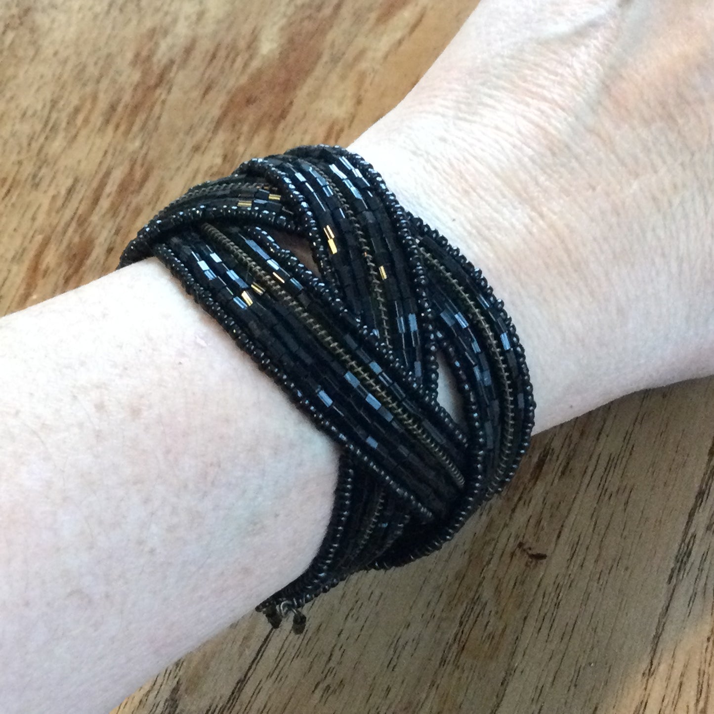 Boho / Goth / Victoriana Black Glass Bead Plaited Flex Cuff Bracelet / Bangle – Preloved, Party / Evening Wear, Comes in Linen Drawstring Bag