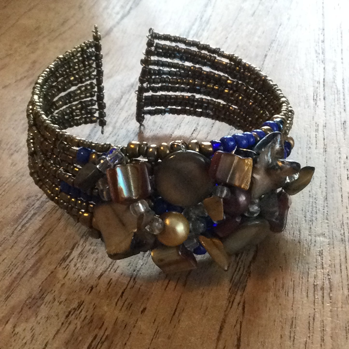 Beaded Cuff Bracelet / Bangle – Bronze, Brown & Cobalt Blue – Boho, Festival, Hippy Vibes – Preloved, Comes in Linen Drawstring Bag