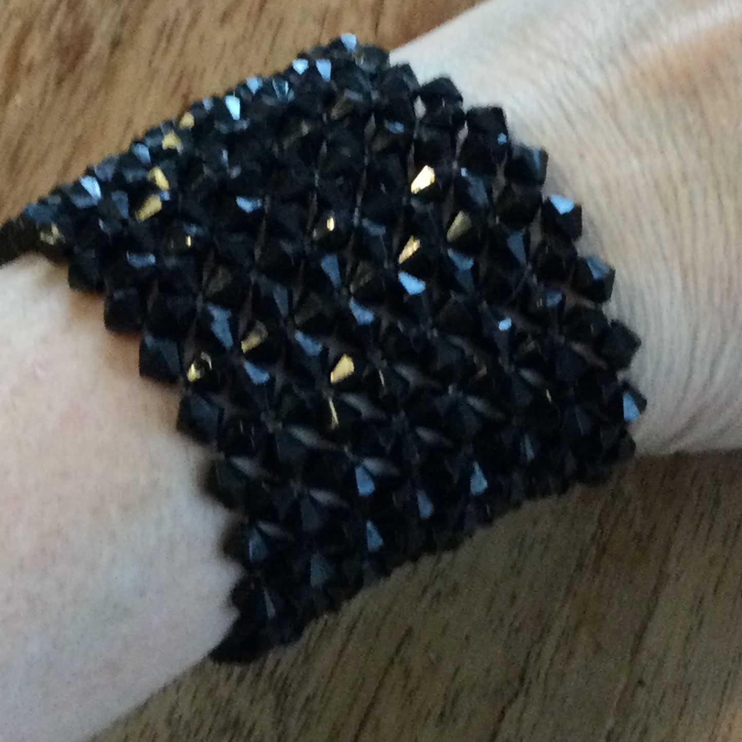 Wide Black Beaded Expanding Cuff Style Bracelet – Black Faceted Beads, Glamorous Party Wear – Preloved, Comes in Linen Drawstring Gift Bag