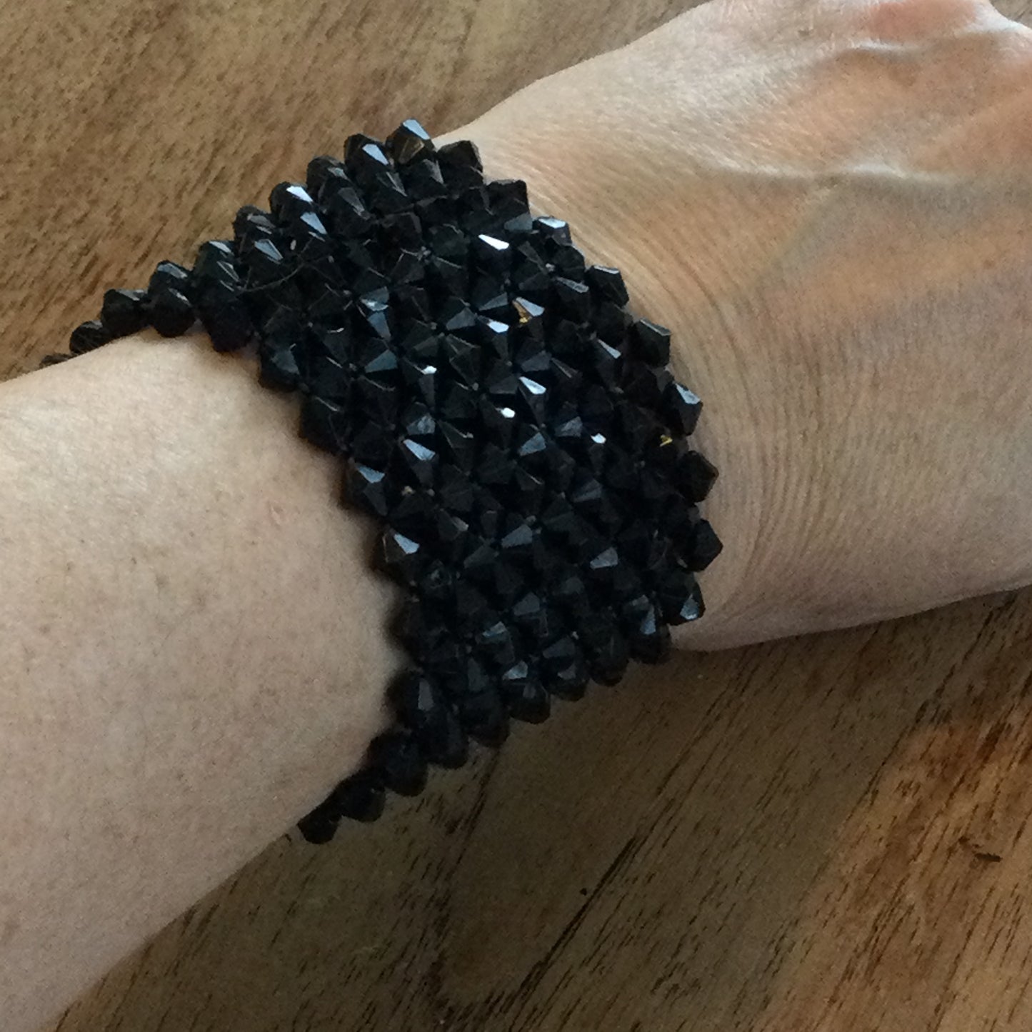 Wide Black Beaded Expanding Cuff Style Bracelet – Black Faceted Beads, Glamorous Party Wear – Preloved, Comes in Linen Drawstring Gift Bag