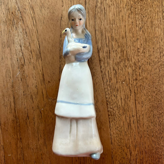 Vintage Goose Girl / Girl With Duck Figure Figurine Ornament. 17.5cm high. Sweet blue and white Lladro style.