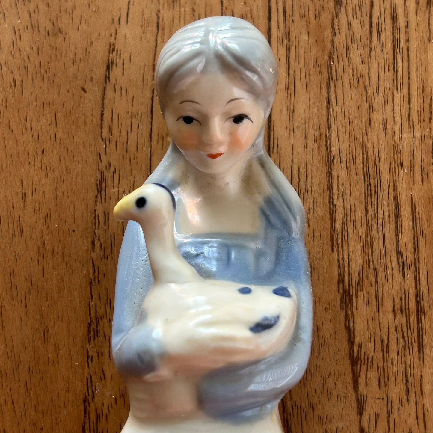 Vintage Goose Girl / Girl With Duck Figure Figurine Ornament. 17.5cm high. Sweet blue and white Lladro style.