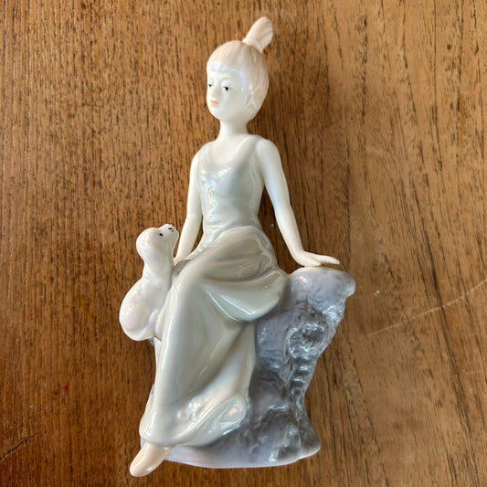 Vintage Girl Figure / Figurine / Ornament - Girl with puppy on lap - 20 cm high - Blue and white Lladro style