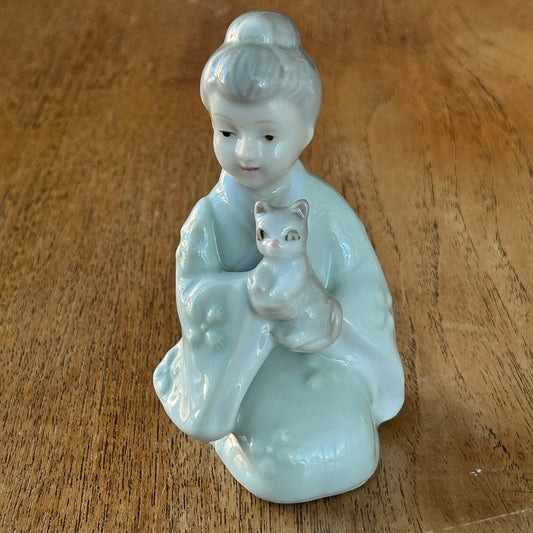 Vintage Figurine - Kneeling Lady In Kimono Holding Cat - Pale blue, grey, white porcelain - very sweet