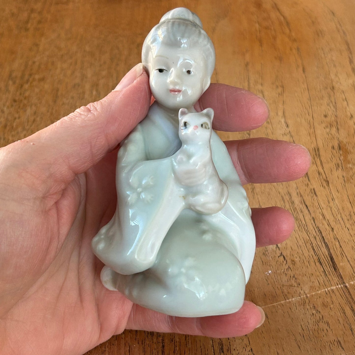 Vintage Figurine - Kneeling Lady In Kimono Holding Cat - Pale blue, grey, white porcelain - very sweet