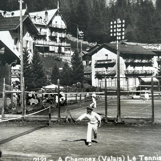 Vintage Postcard c.1930s - SWITZERLAND - Tennis at Champex (Valais) - Bazar du Lac - Black and white