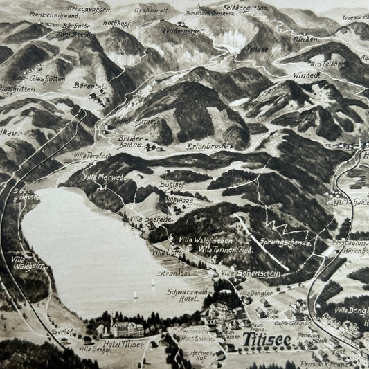 Vintage postcard - GERMANY - Titisee - Aerial View Drawing - Schwarzwald Hotel - Black and white