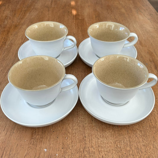 Denby style modern cup and saucer set of 4 -  retro rustic farmhouse style - White with speckled beige inside