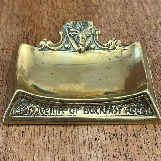 Solid Brass ‘Souvenir of Buckfast Abbey’ Pin Dish / Trinket Tray – Stag’s Head Design - Aged Patina