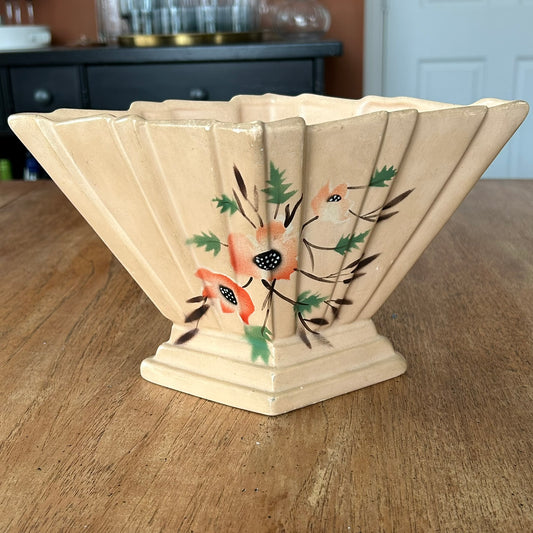 Vintage Art Deco 1930s Diamond Shape Mantle Vase - Peach Colour With Hand Painted Poppy / Anemone Design