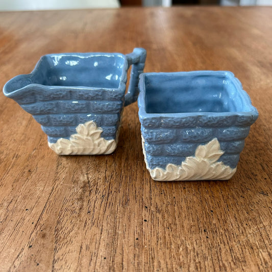 Vintage Small Sugar Bowl & Milk Jug / Creamer - Light blue majolica - Made in England - Brick design