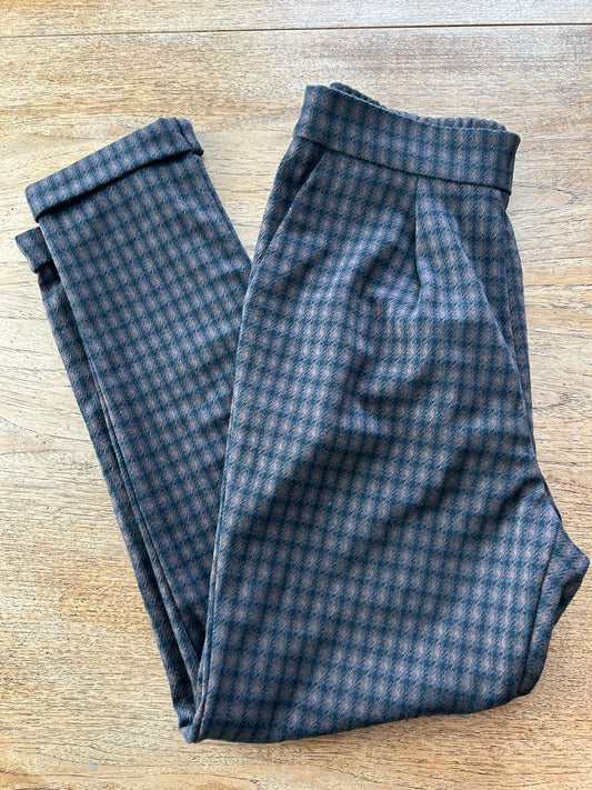F&F Black And Brown Check Stretchy Trousers - With Turn-ups - size UK 8 EUR 36 - Soft And Thick