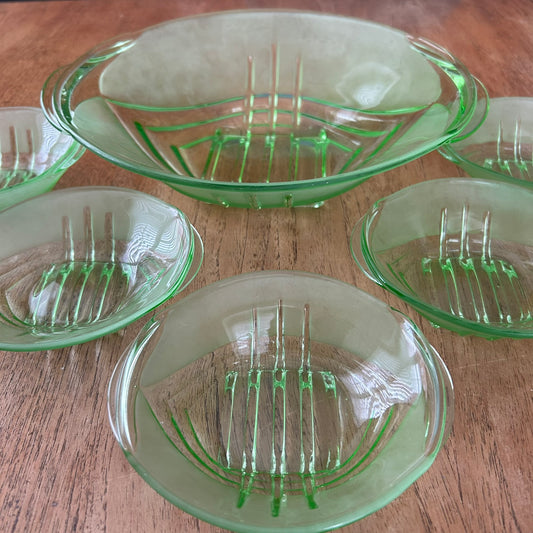 Vintage Art Deco Green Frosted Glass Dessert Bowl Set – 1930s Geometric Design with 5 Small Bowls & Large Serving Bowl