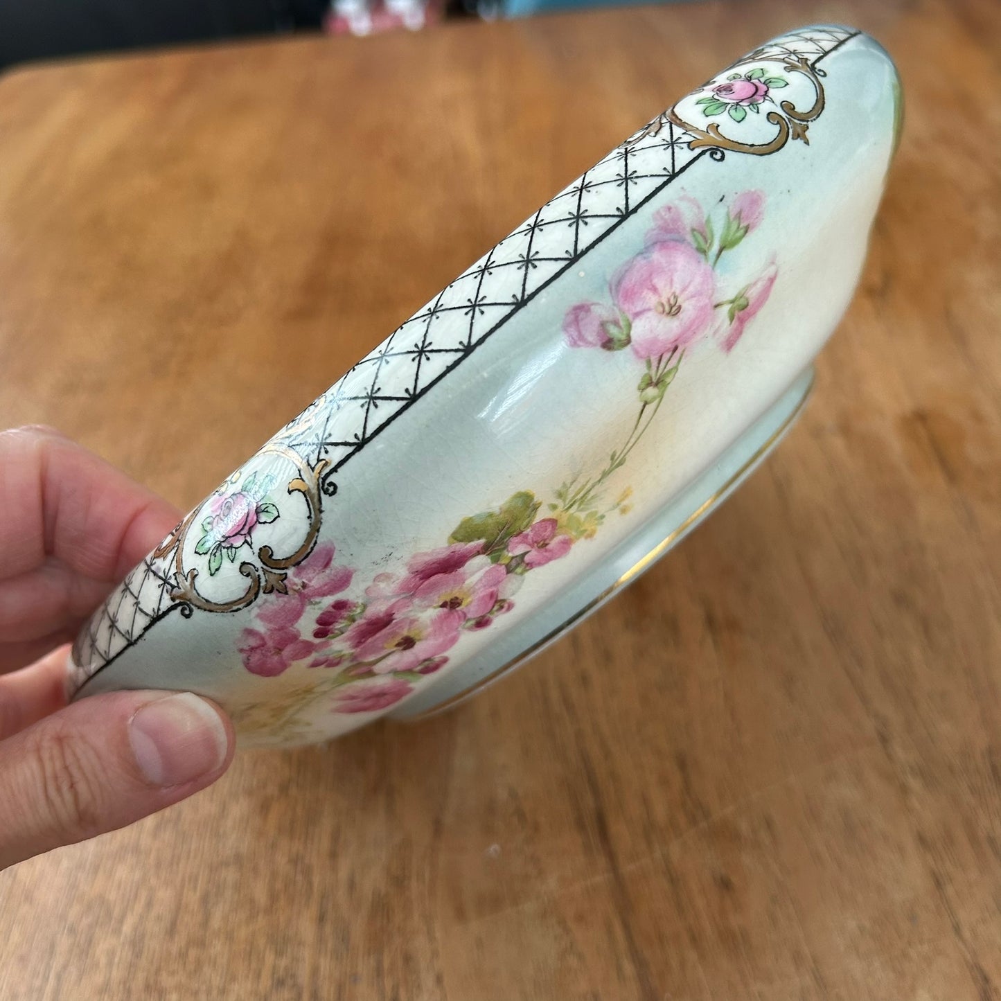Vintage Crownford Ware Serving Bowl – Art Deco (1920s-1930s) - Black and White Trellis Design