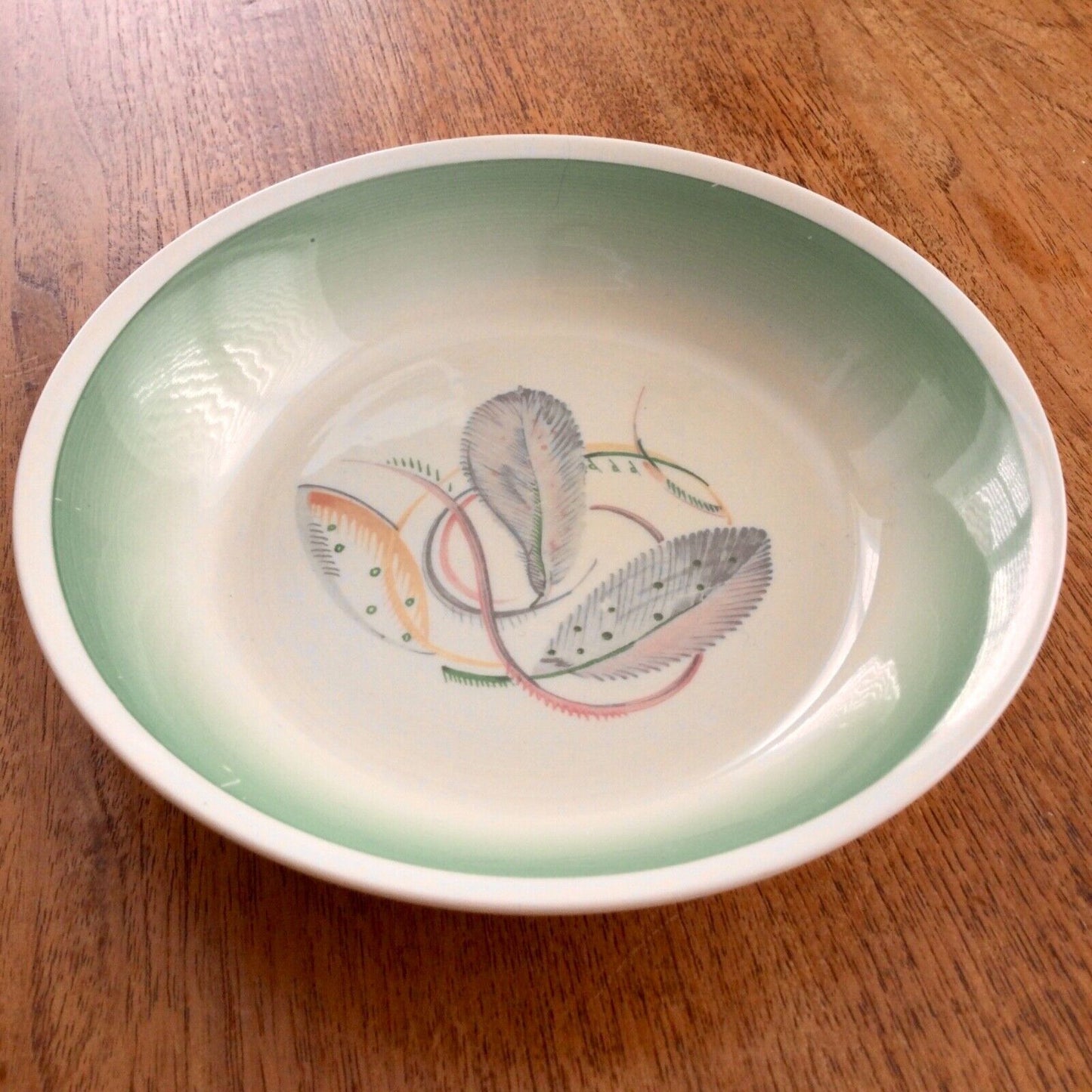 SUSIE COOPER Production 1930s Grey Feather Design vintage shallow bowl 7 1/2” aqua green