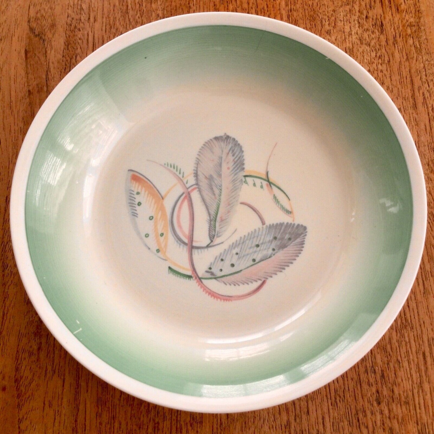 SUSIE COOPER Production 1930s Grey Feather Design vintage shallow bowl 7 1/2” aqua green