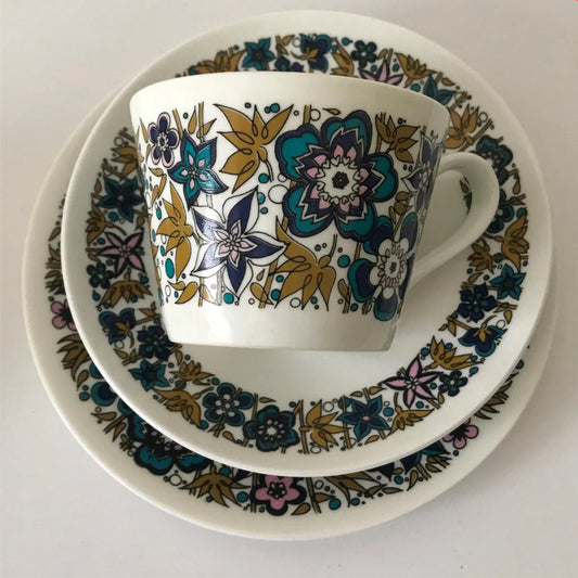 1970s Retro Trio - Cup, Saucer & Side Plate | Royal Tuscan Nocturne | Olive & Blue | Hairline Crack to Cup