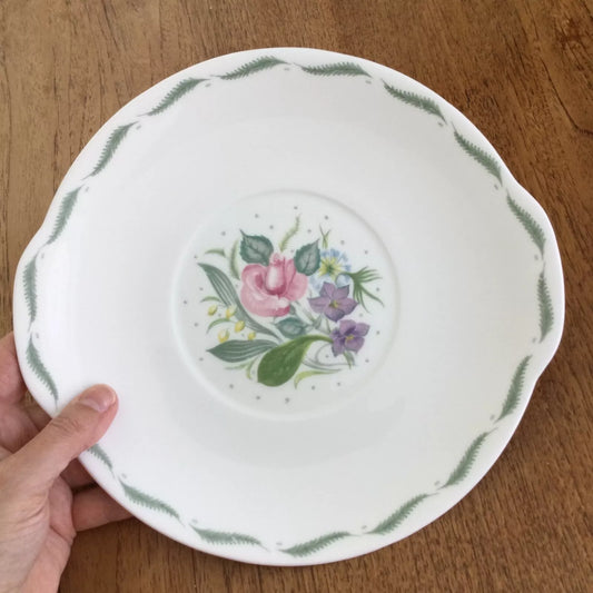 Susie Cooper ‘Fragrance’ Cake Plate Round with handle shapes. Floral rose ferns