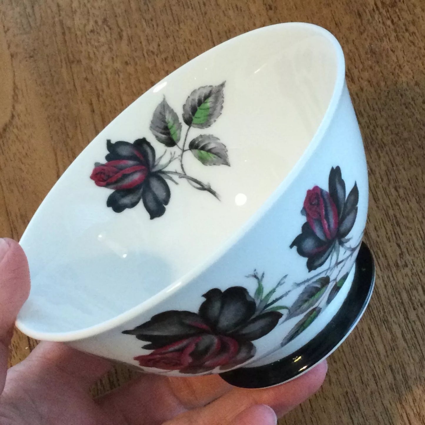 Royal Albert Masquerade Large Sugar Bowl - Red & Black Rose Design - 5” Diameter - 1950s