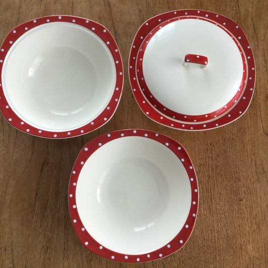 Midwinter Stylecraft Red Domino tureen & 2 serving bowls 1950s polka dot kitsch