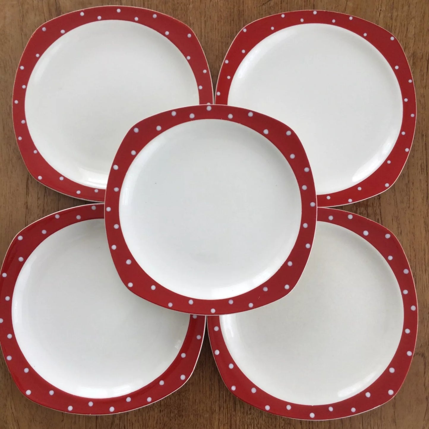 5 x Midwinter Stylecraft Red Domino dessert plates 7 3/4” 20cm 1950s polka dot