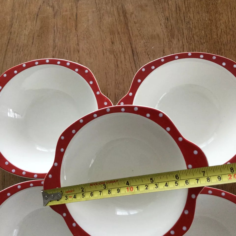 Midwinter Stylecraft Red Domino set of 5 lipped soup / dessert bowls 1950s spotty polka dot