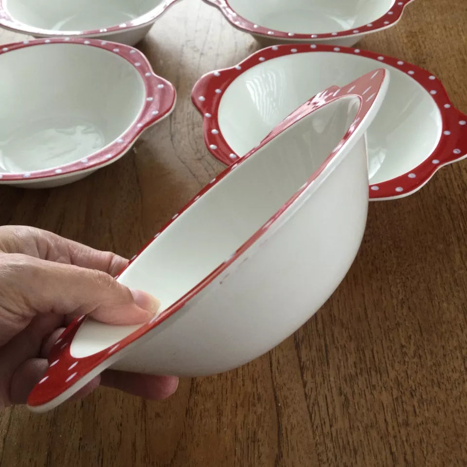 Midwinter Stylecraft Red Domino set of 5 lipped soup / dessert bowls 1950s spotty polka dot