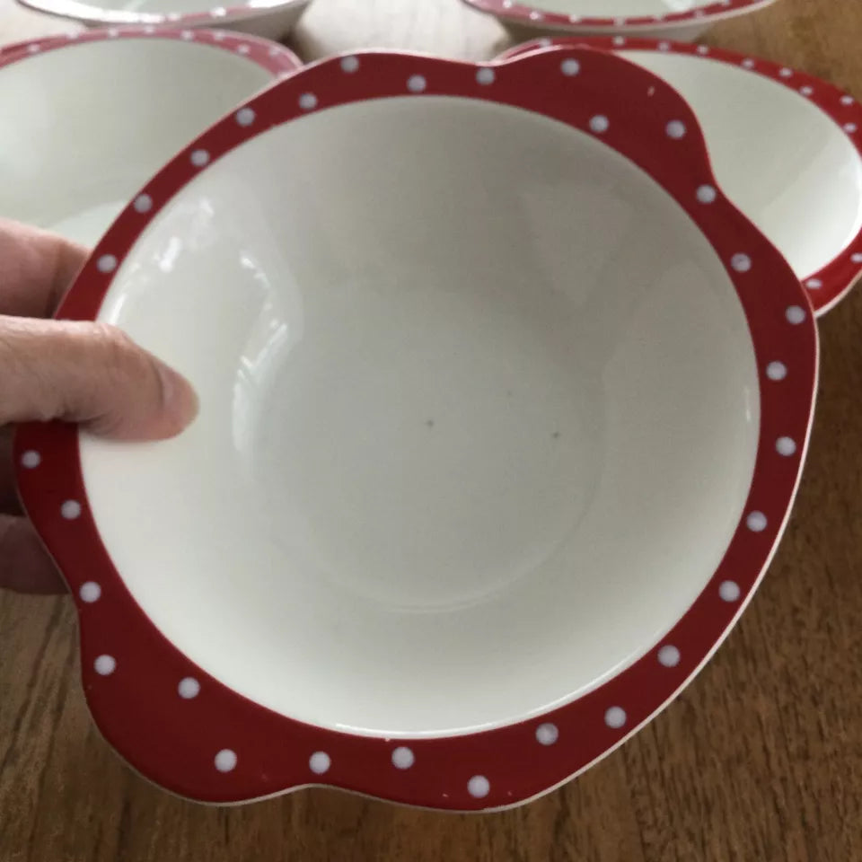 Midwinter Stylecraft Red Domino set of 5 lipped soup / dessert bowls 1950s spotty polka dot