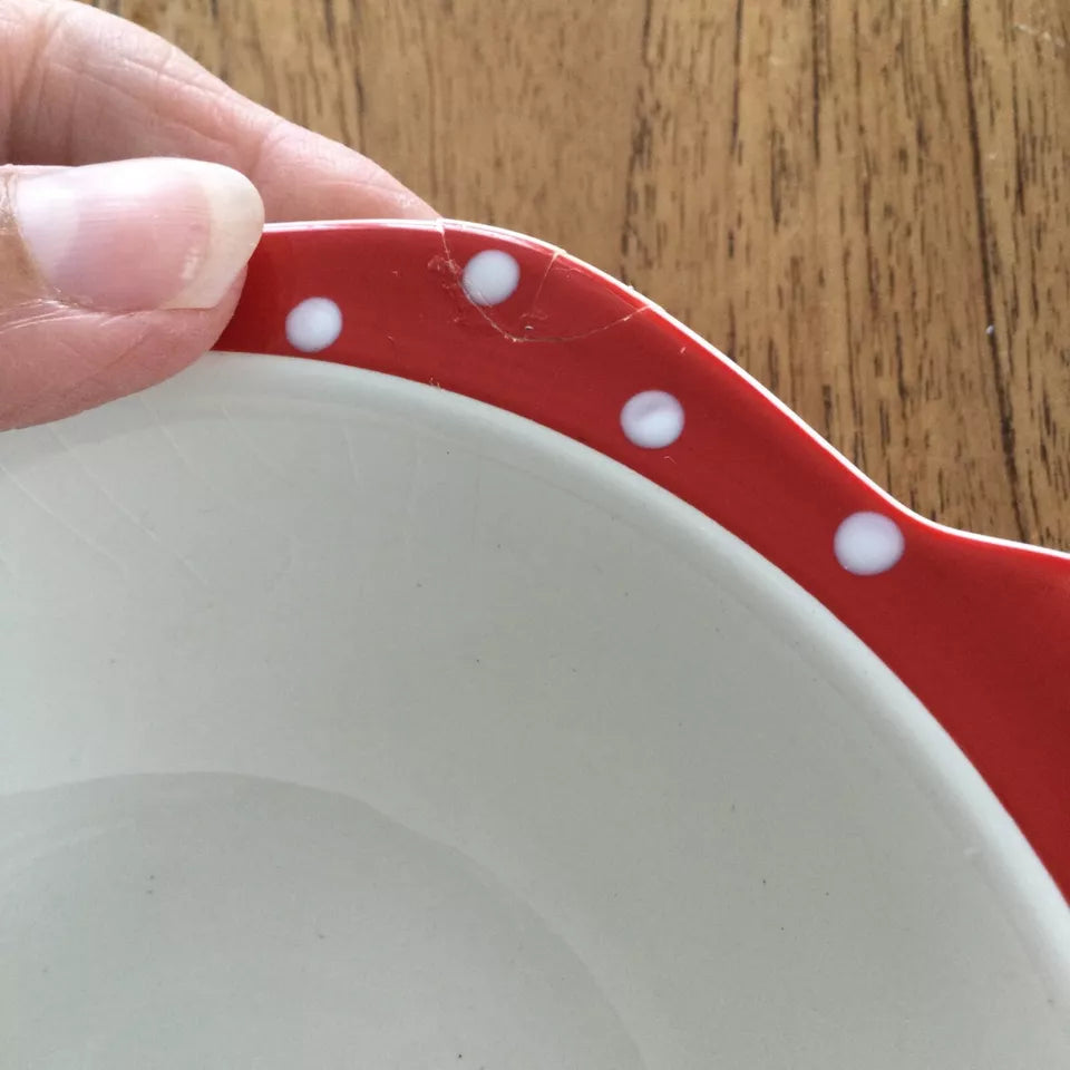 Midwinter Stylecraft Red Domino set of 5 lipped soup / dessert bowls 1950s spotty polka dot