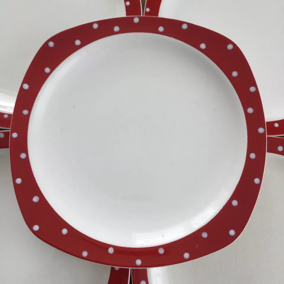 5 x Midwinter Stylecraft Red Domino dessert plates 7 3/4” 20cm 1950s polka dot