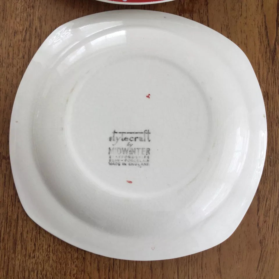 5 x Midwinter Stylecraft Red Domino dessert plates 7 3/4” 20cm 1950s polka dot