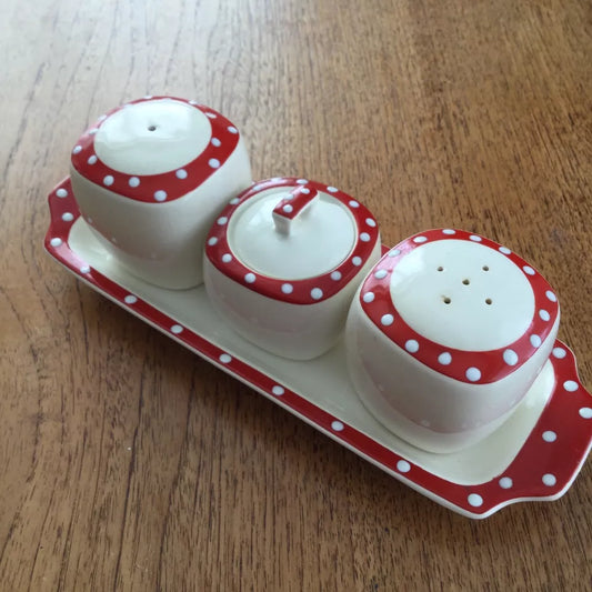 Midwinter Stylecraft Red Domino Cruet Set 1950s polka dot salt pepper mustard