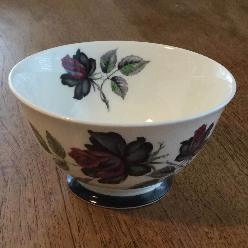 Royal Albert Masquerade Large Sugar Bowl - Red & Black Rose Design - 5” Diameter - 1950s