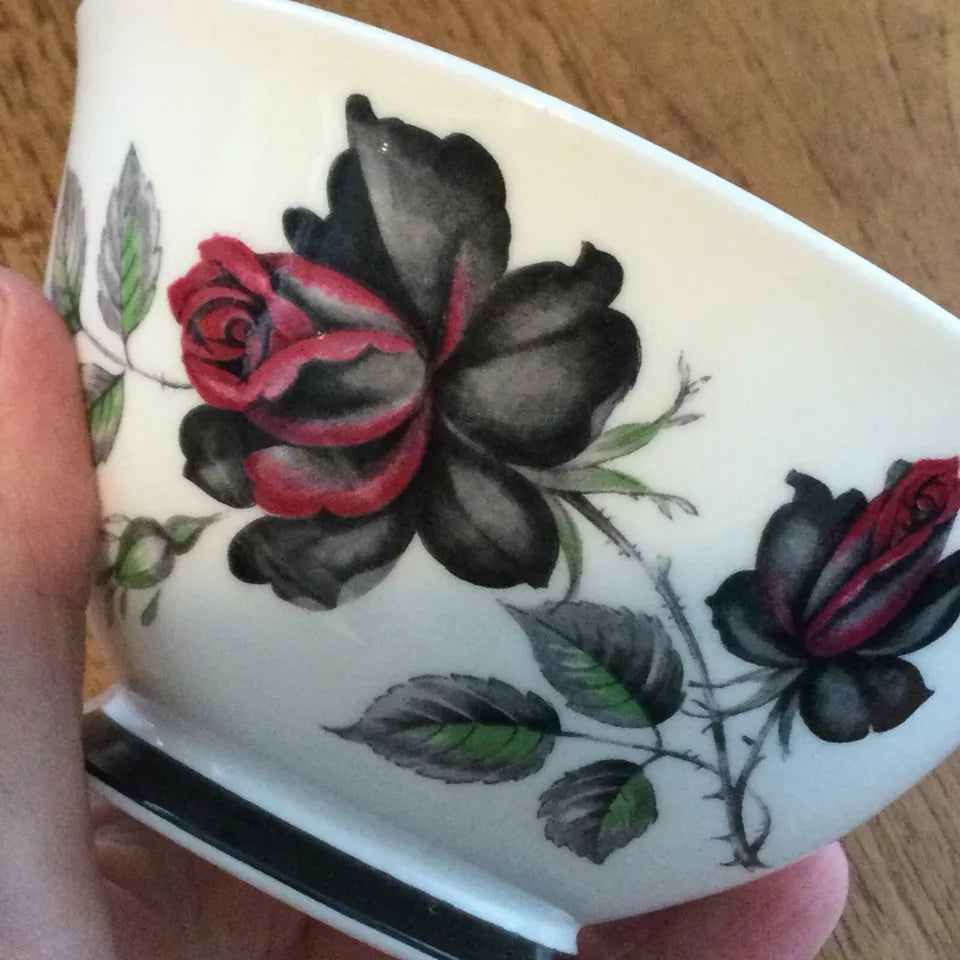 Royal Albert Masquerade Large Sugar Bowl - Red & Black Rose Design - 5” Diameter - 1950s