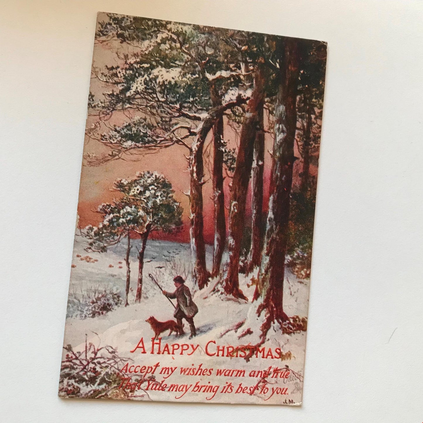 Antique HAPPY CHRISTMAS Greetings Postcard 1917 snowy woodland scene shepherd