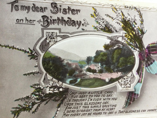 Vintage SISTER BIRTHDAY Greetings Postcard lucky heather tartan bow